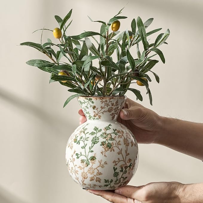 6.61" Ceramic Flower Decorative Antique Vase, Vintage Rustic Chinoiserie Floral Vase for Home Decor, Living Room, Bookshelf, Office, Entryway, Garden, Tuscan Decor, Chinoiserie Decor