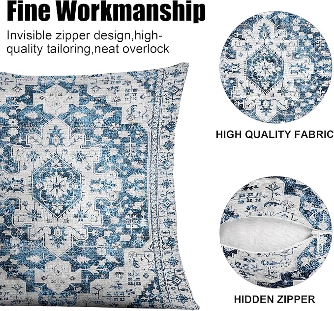 Boho Throw Pillow Covers 22x22 inch Set of 2,Soft Pillowcases Bohemia Carpet Printing Pattern Decorative Sofa Living Room Bed Square Pillow Case Cushion Cover-Blue White