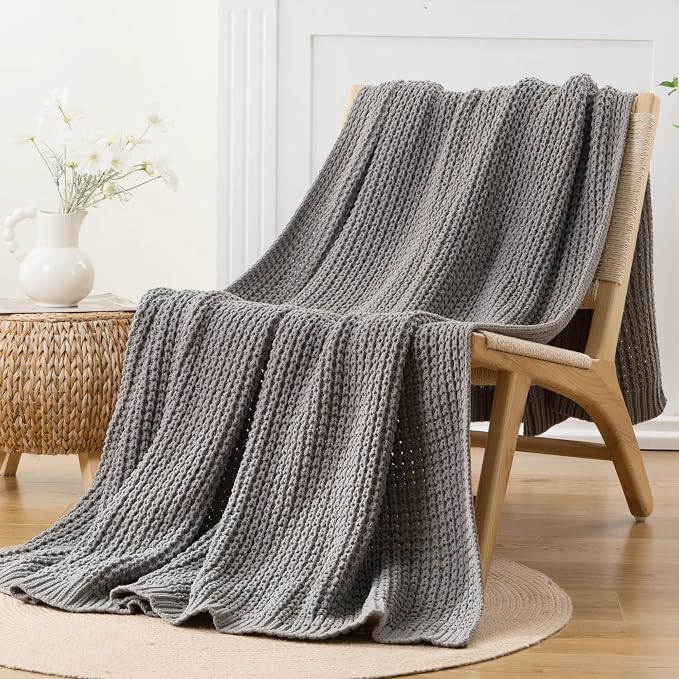 Grey Throw Blanket for Couch, Soft Knitted Chenille Throw Blanket 50"x60" | Chunky Waffle Knit Throw Blanket, Light Gray Throw Blanket for Bed Sofa Living Room, Modern Farmhouse Knitted Style
