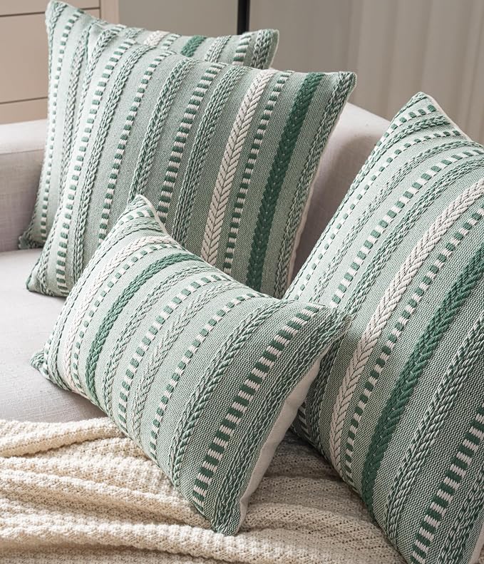 Cethom Boho Throw Pillow Covers 18x18 Inch Set of 2, Farmhouse Decorative Couch Pillow Cases, Light Green Accent Pillows of Bed, Sofa Bedroom Living Room Home Decor Cushion Cover