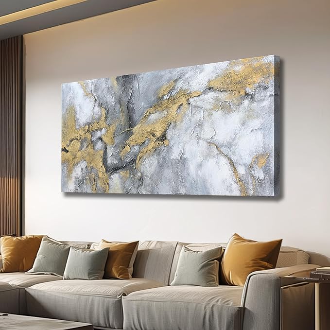 Belmrxne Abstract Wall Art for Living Room Large Grey and Gold Wall Decor Unique Canvas Painting Luxury Wall Prints Aesthetic Bedroom Hanging Artwork 29x58 Inches
