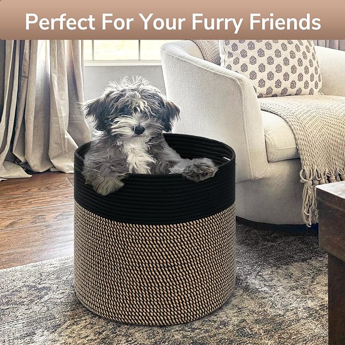 Goodpick Wicker Blanket Basket Living Room, Toy Storage for Playroom, 45L | 15.8 x 15.8 x 13.8 In Toy Storage Basket for Nursery, Blanket Basket for Living room, Laundry Basket, Black & Mix Jute