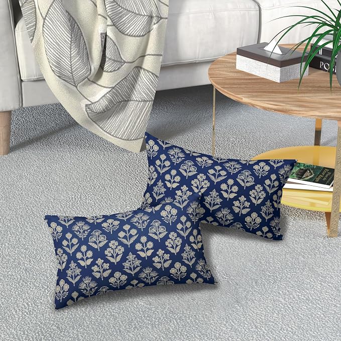 Dark Blue Pillow Covers 12x20 Inch Set of 2, Cream Floral Block Print Pattern Lumbar Decorative Throw Pillowcases Outdoor Farmhouse Rectangle Cushion Covers Spring Summer Sofa Couch Bed Decor