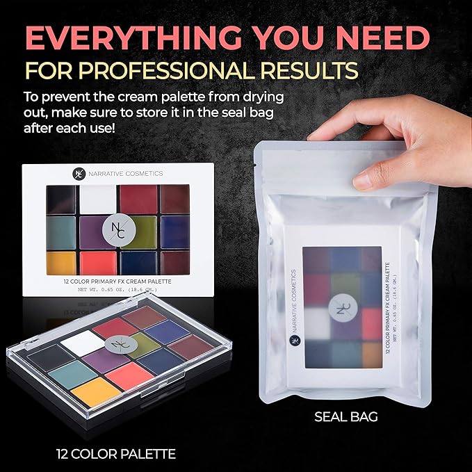 Narrative Cosmetics 12-Color Primary FX Cream Palette, Professional Quick Drying Waterproof SFX Makeup for the Stage, Film, Costumes, Cosplay