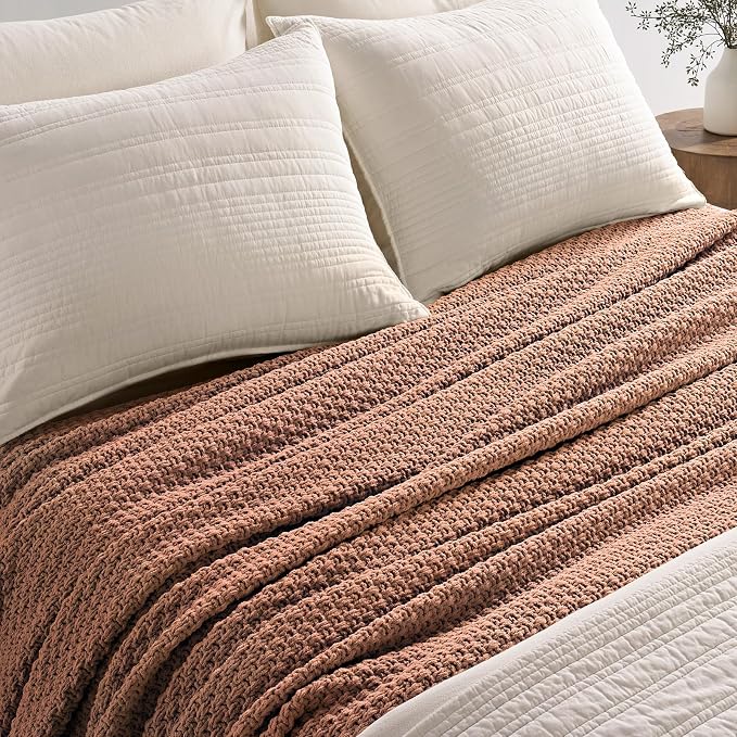 EVERGRACEHOME Chunky Chenille Knit Throw Blanket, 108x92, Terracotta Clay | Sculpted Moss Stitch, Chic Modern Farmhouse, All-Season Warmth, OEKO-TEX® Certified, Oversized King for Couch, Bed, Sofa