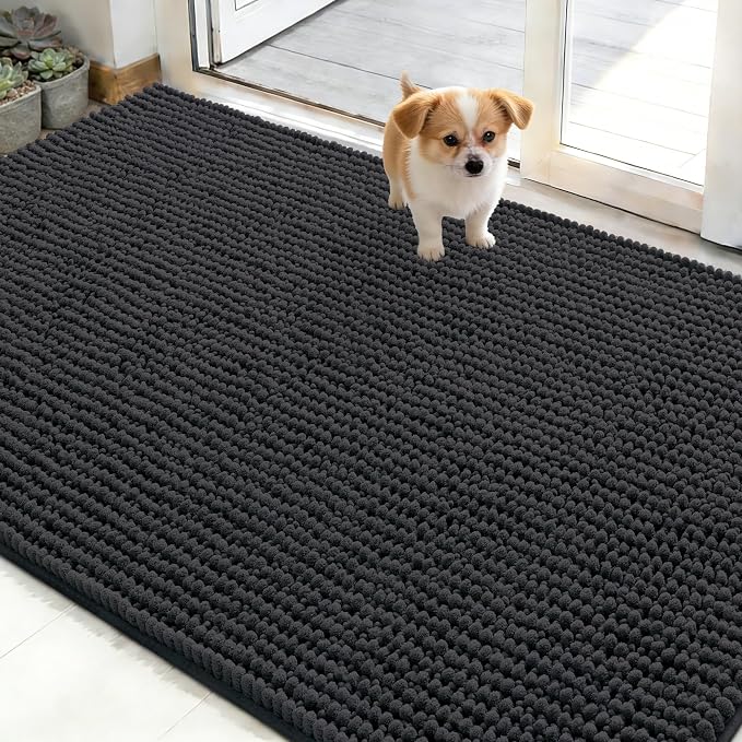 OLANLY Dog Door Mat for Muddy Paws 48x30, Extra Absorbent Chenille Mud Mat | Dark Grey, Absorbs Moisture and Dirt, Non-Slip Machine Washable Doormat, Quick-Drying Indoor Entryway Floor Mat for Dogs