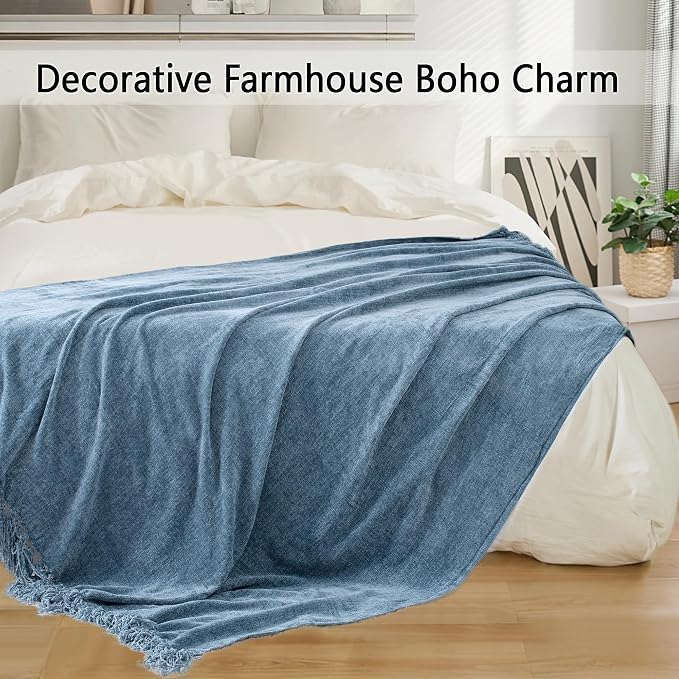 Chenille Throw Blanket for Couch 60" x 80" Twin, Dusty Blue | Soft Cozy Warm Throws with Fringe Tassel, for Living Room Bed Sofa Chair Cover, Lightweight Knitted Decorative Boho Blankets