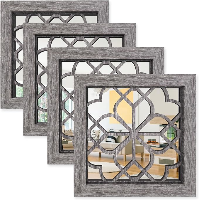Set of 4 Boho Wall Mirrors with Carved Floral Design, 12x12 Inch Rustic Farmhouse Accent Mirrors, Vintage Style Shatterproof Square Mirror Decor for Living Room, Bedroom(Brown)