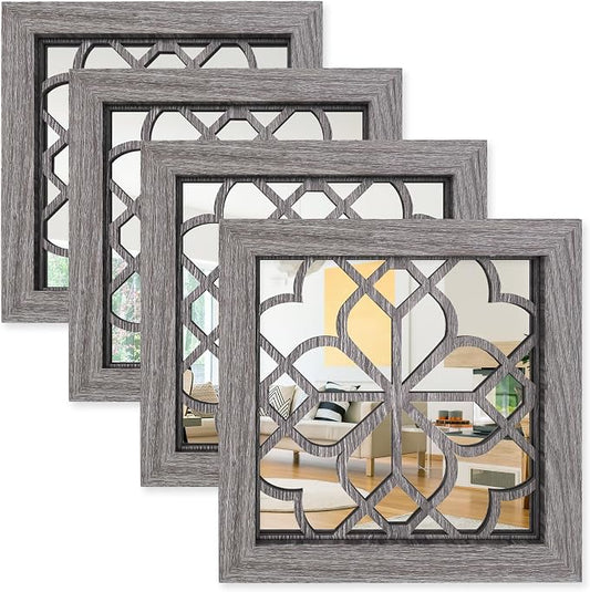 Set of 4 Boho Wall Mirrors with Carved Floral Design, 12x12 Inch Rustic Farmhouse Accent Mirrors, Vintage Style Shatterproof Square Mirror Decor for Living Room, Bedroom(Brown)