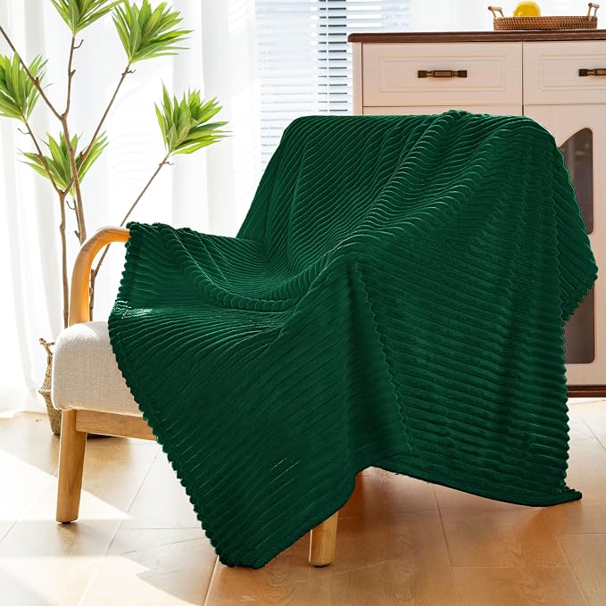Vessia Flannel Fleece Throw Blanket for Couch, Sofa, Bed, 300GSM 50x70inch Striped Dark Green Blanket for Adults and Kids, Super Soft Warm Cozy Lightweight Ribbed Throw for All-Season