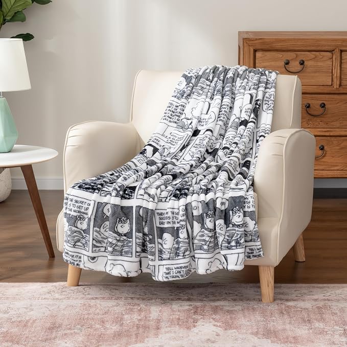 Berkshire Blanket Peanuts® VelvetLoft® Cute Character Snoopy Plush Oversized Throw Blanket, I'm Up! Peanuts Comic Strips White (50in x 60in)