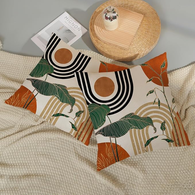 Boho Orange Pillow Covers 18x18 Set of 2 Green Gold Leaf Tropical Mid Century Throw Pillows Outdoor Bohemian Modern Decorative Pillowcase Farmhouse Linen Cushion Case for Couch Sofa Decor