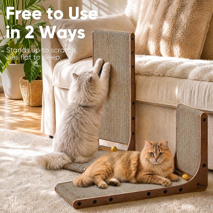 FUKUMARU Cat Scratcher 2 Packs, 25 Inch Cat Scratching Boards, L Shaped Pad | Cardboard Cat Scratcher for Indoor Cats, Vertical Scartch Pads with Ball Toy, Kitten Scratching Post Wall, Walnut Color