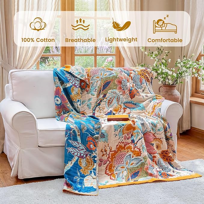 MSGKV Boho Throw Blanket 90"x108" 100% Cotton Floral Blanket King Bed Decor | 100% Cotton Muslin, Lightweight Throw Blanket, King Size Bed, Floral Farmhouse Decor, Soft & Breathable, All Season Comfort