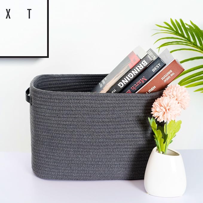 3-Pack Decorative Woven Storage Baskets for Shelves, Cube Bin Box for Organizing Books, Shoes, Dog Toys, Pantry Closet and Living Room Organizer, Charcoal / Black
