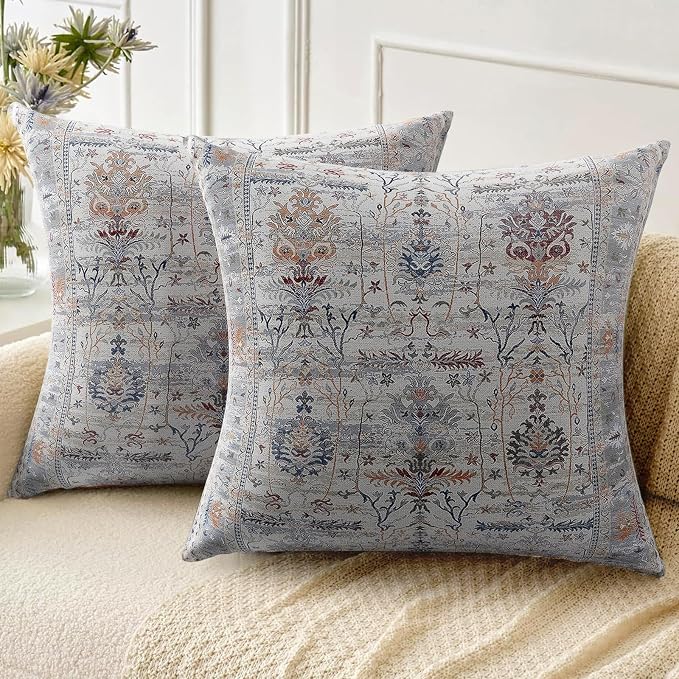 Boho Throw Pillow Covers 18x18 inch Set of 2,Soft Pillowcases Bohemia Carpet Printing Pattern Decorative Sofa Living Room Bed Square Pillow Case Cushion Cover-Gray Flower
