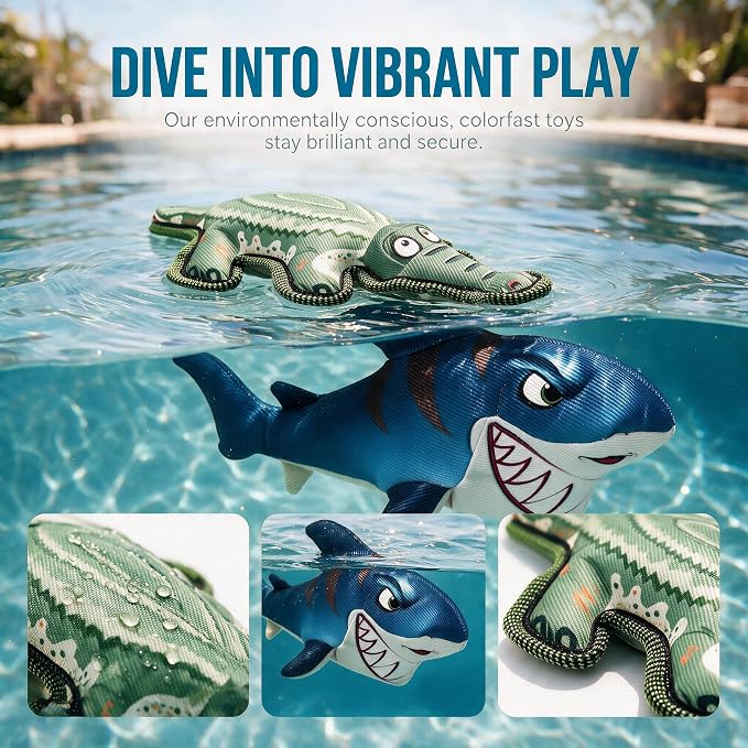 Floating Pool Toys for Dogs - 2 Pack Squeaky Water Fetch Toys for Training Durable Interactive to Keep Them Busy for Diving Beach Lake Swim (Shark and Crocodile)