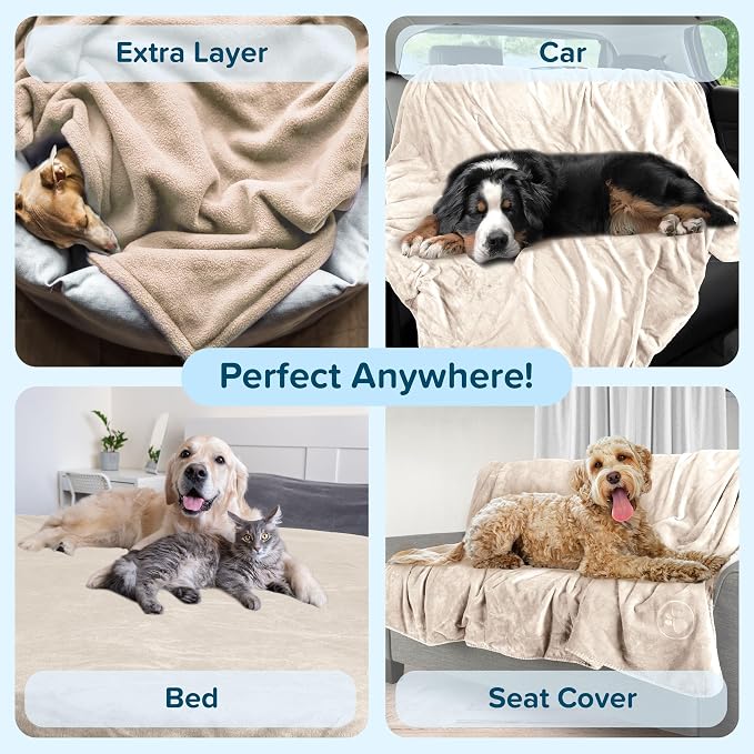 PETMAKER Dog Blanket, Cream, 60” x 80” | Reversible Sherpa Blanket - Throws for Bed, Couch, Crate, or Car - Machine Washable Puppy Essentials