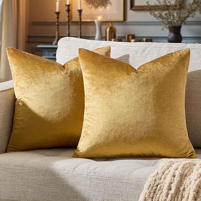 GIGIZAZA Golden Throw Pillow Covers 22x22 Decorative Velvet Cushion Covers Pack of 2 Pillowcase for Sofa | Throw Pillows for Couch Sofa,280gsm Soft Textured Fabric,Modern Square Pillowcases,Luxury Cushion Covers