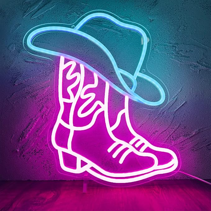 Cowboy Boot and Hat LED Neon Sign,Western Country Wall Decor for Bar, Man Cave, Garage,Pink White Aesthetic Rodeo Neon Light, Unique Christmas Birthday Gifts(13x15 in)