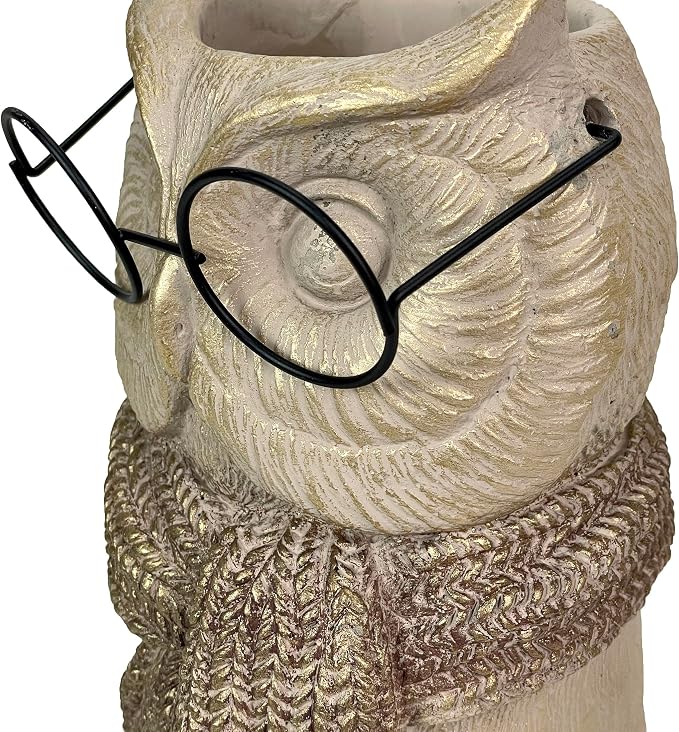 Owl Cement Vase, 8.25 Inch Bespectacled Woodland Planter | Horned Tufts, Distressed Taupe Finish, Real Black Wire Glasses, Gold-Brushed Knit Scarf, 2.75 Inch Opening
