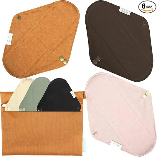 Wegreeco Cloth Menstrual Pads - Soft Washable Pads for Women - Reusable Panty Liners for Women - 6 Pack with 1 Cloth Mini Wet Bag (Medium, Dark Coffee)