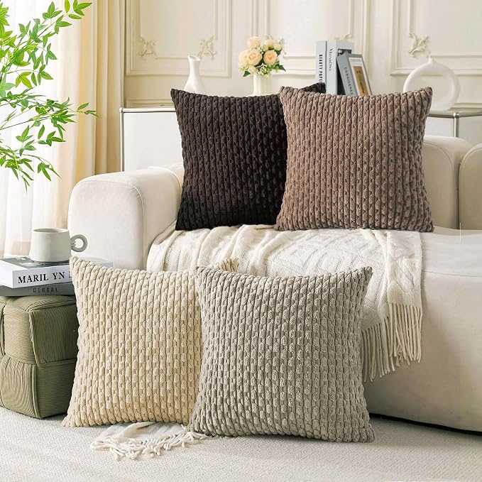 Set of 4 Beige Brown Coffee Decorative Throw Pillow Covers 22x22 Inch Corduroy Pillow Covers for Bed Couch Sofa Living Room Soft Square Cushion Cases