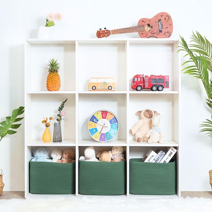 3-Pack Decorative Woven Storage Baskets for Shelves, Cube Bin Box for Organizing Books, Shoes, Dog Toys, Pantry Closet and Living Room Organizer, Forest Green