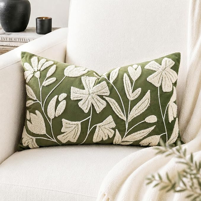 Decorative Lumbar Pillow Cover 12x20 Inch, Olive Green Floral Tufted Velvet Accent Pillow Case for Sofa Bed Living Room, Cover Only