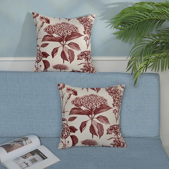 Floral Pillow Covers 18x18 Set of 2 Vintage Burgundy Red Hydrangea Herb Botanical Throw Pillow Cover Outdoor Decoration Boho Flower Pillowcase Farmhouse Decorative Cushion Case for Sofa Couch