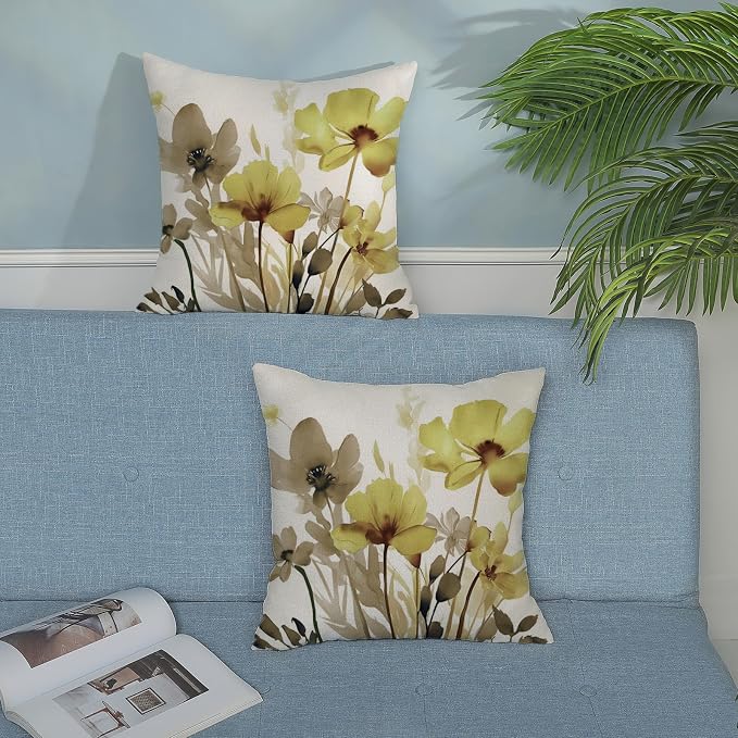 Spring Floral Pillow Covers 18x18 Inches Set of 2 Yellow Brown Floral Throw Pillow Covers Outdoor Rustic Summer Flower Decoration Pillowcase Farmhouse Decorative Cushion Cover for Couch Sofa