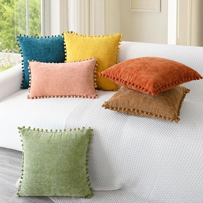 CaliTime Decorative Couch Throw Pillow Covers 18 X 18 Inches Ocean Blue | Pack of 2, Cozy Chenille Cushion Cases, with Pom Poms for Sofa Bed Living Room Farmhouse Home