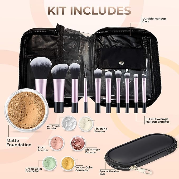 19 pc STARTER KIT w/BRUSHES & CASE (DEEP TAN) Mineral Makeup Foundation Blush Bronzer Illuminating Veil Set Bare Skin Matte Powder