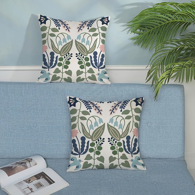 Boho Navy Blue Green Flower Pillow Covers 18x18 Inch Set of 2 Sage Green Floral Throw Pillows Vintage Flower Outdoor Pillowcase Linen Seasonal Decorations Farmhouse Cushion Case for Sofa Home