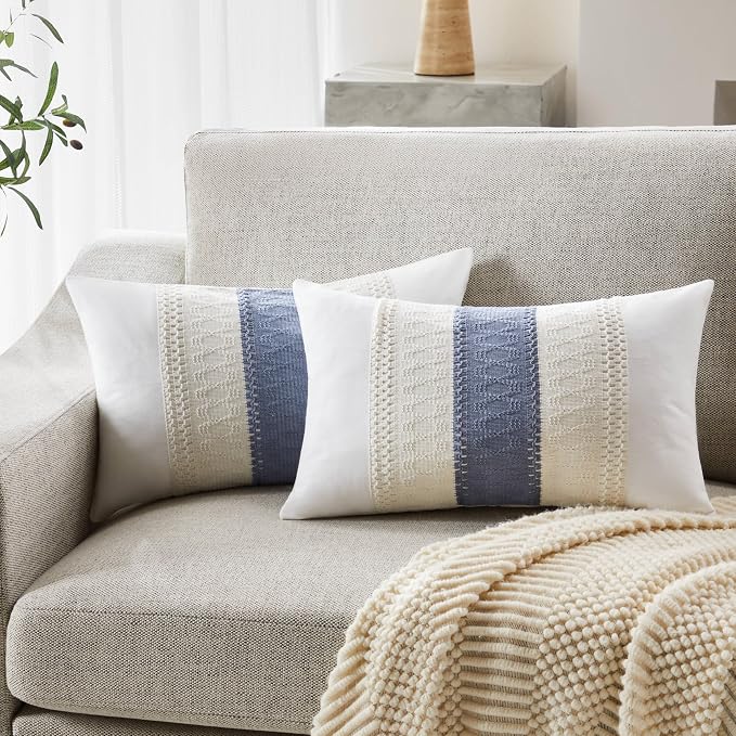 2pk Boho Pillow Covers 12x20, Natural White/Contrast/Blue | 100% Organic Cotton Body, Stripe Embroidery, Farmhouse Decorative Cushion Covers for Sofa Bed Living Room Home Decor