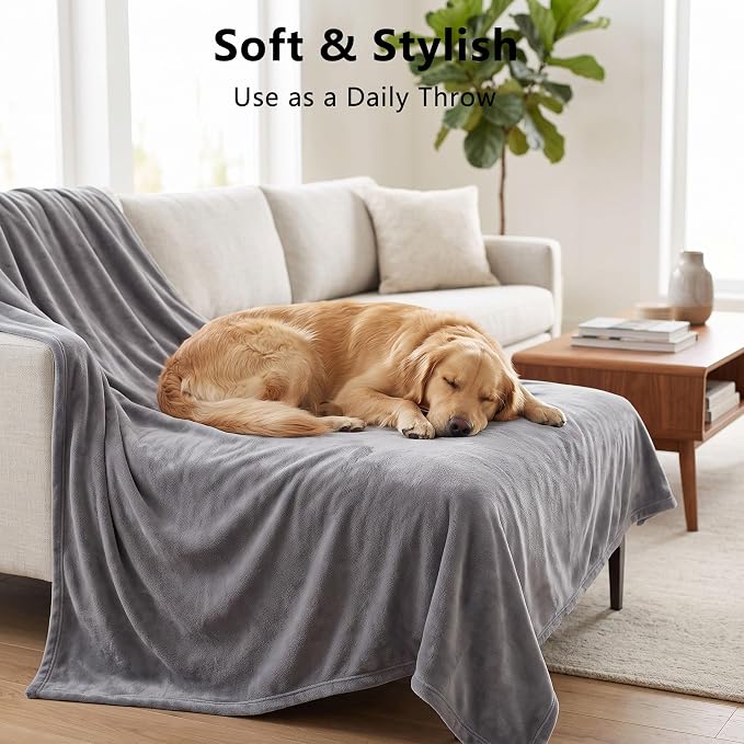 Waterproof Blanket - Reversible Dog Throw as Furniture Protector | Soft Velvet & Flannel, TPU Leak-Proof Liner, Machine Washable, Fits Couch and Bed, 82" x 120", Lightgrey/Darkgrey