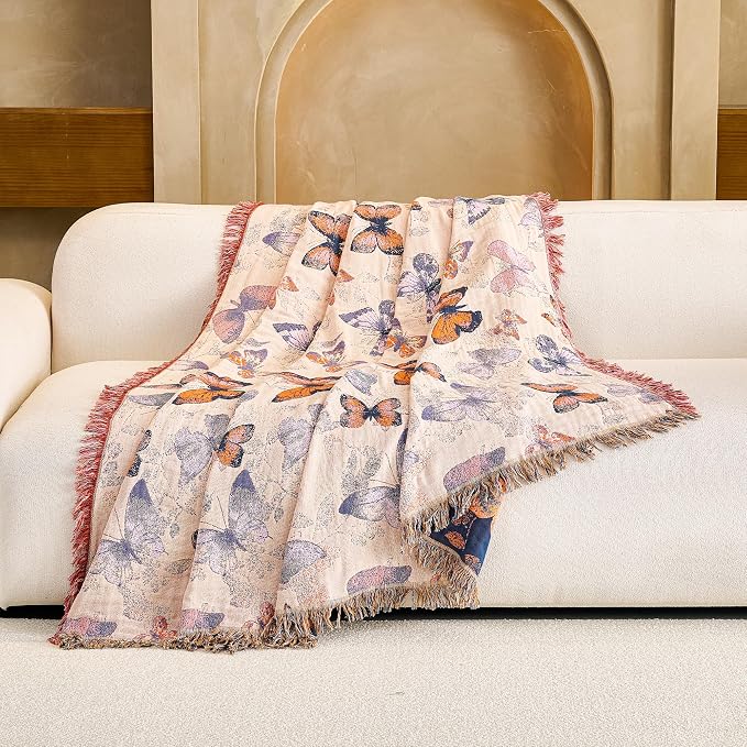 VANJOROY Boho Throw Blanket, 100% Organic Cotton Breathable Ultra Soft 80" x 90" Bed Quilt Throw - All Season Floral Rustic Farmhouse Decor Luxury Reversible Blanket for Sofa Couch Chair and Gift