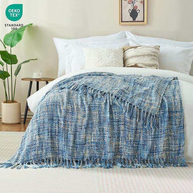 Multi-Color Cable Woven Throw Blanket for Couch - 60"X80" | Multicolored Boho Style,Super Soft Warm Cozy Chunky Blankets with Decorative Tassels for Bed and Sofa,Light Blue