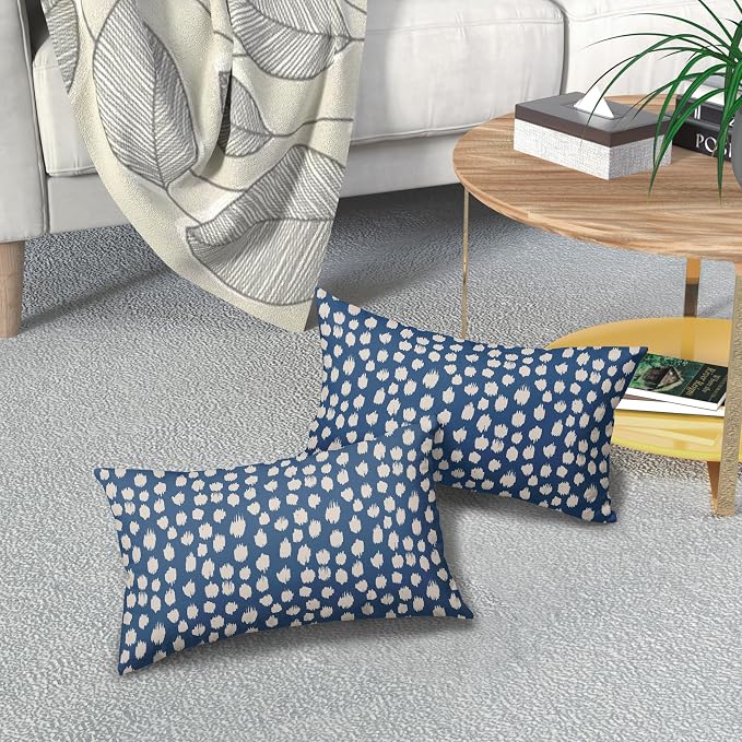 Blue Cream Dots Lumbar Pillow Covers 12x20 Set of 2 Boho Design Polka Dot Print Throw Pillows Modern Outdoor Decorative Pillowcase Rectangle Linen Cushion Cases Decor for Sofa Couch Bed