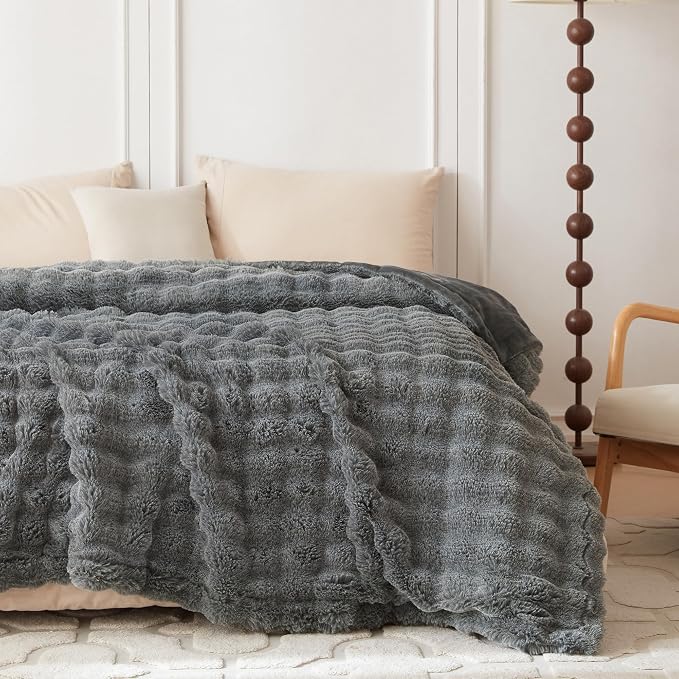 COOVA Faux Fur Throw Blanket for Couch, Cozy Soft and Fuzzy Plush Rabbit Fur Bubble Blanket for Sofa Bedroom Living Room, 60x80 Inches Cationic Light Grey