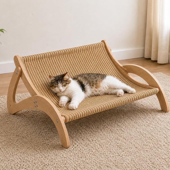 XL Sisal Cat Scratcher Bed for Large Cats|Stable Wood Cat Lounge|21x21x10 | No Cardboard Mess Woven Surface Furniture-Style Look Less Floor Clutter Daily Claw Care 2-in-1 Scratch & Rest