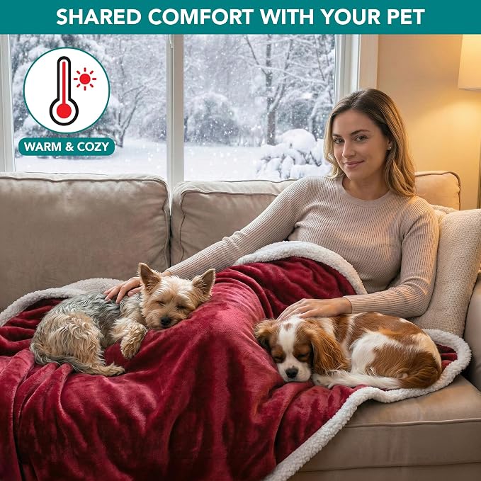 PetAmi Waterproof Dog Blanket for Small Dog Puppy Cat, 29x40, Wine Red | 460 GSM Sherpa Fleece Reversible, Pee Proof Pet Blanket, Furniture Protector Cover for Couch Sofa Kennel, Washable
