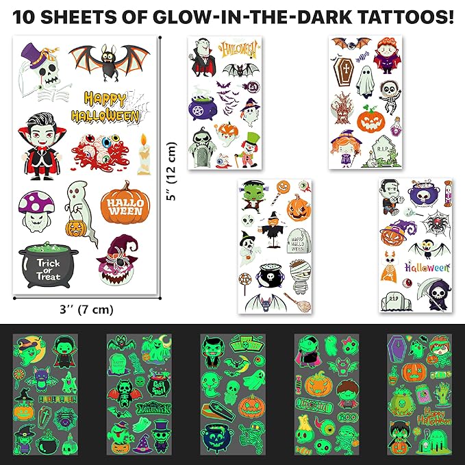 X-Protector Halloween Tattoos for Kids - Giant Pack of Temporary Tattoos - Fake Halloween Tattoos Gifts - Glow in the Dark Spooky Party Favors - Bulk Halloween Goody Bag Fillers!