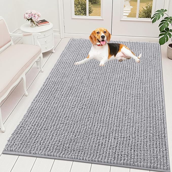 OLANLY Dog Door Mat for Muddy Paws 59x35, Extra Absorbent Chenille Mud Mat | Light Grey, Absorbs Moisture and Dirt, Non-Slip Machine Washable Doormat, Quick-Drying Indoor Entryway Floor Mat for Dogs