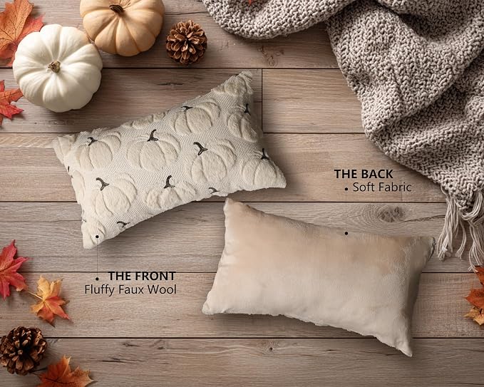 Fall Pumpkins Decorative Lumbar Pillow Covers 12x20 Set of 2, Beige Soft Plush Faux Fur Wool Farmhouse Throw Cushion Cases for Autumn Thanksgiving Holiday Home Decorations