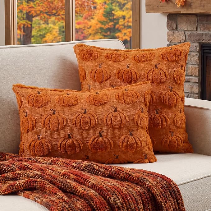 Fall Throw Pillow Covers 12x20 Set of 2 Rust Pumpkin Lumbar Covers | Double sided plush comfort with raised pumpkin embroidery, designed for living beds, armchairs, and cozy fall home decor.