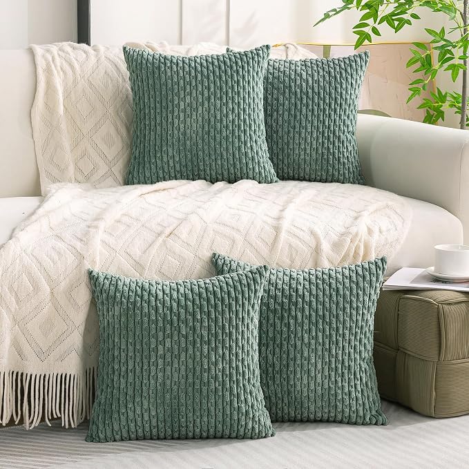 Set of 4 Teal Green Decorative Throw Pillow Covers 16x16 Inch Corduroy Pillow Covers for Bed Couch Sofa Living Room Soft Square Cushion Cases