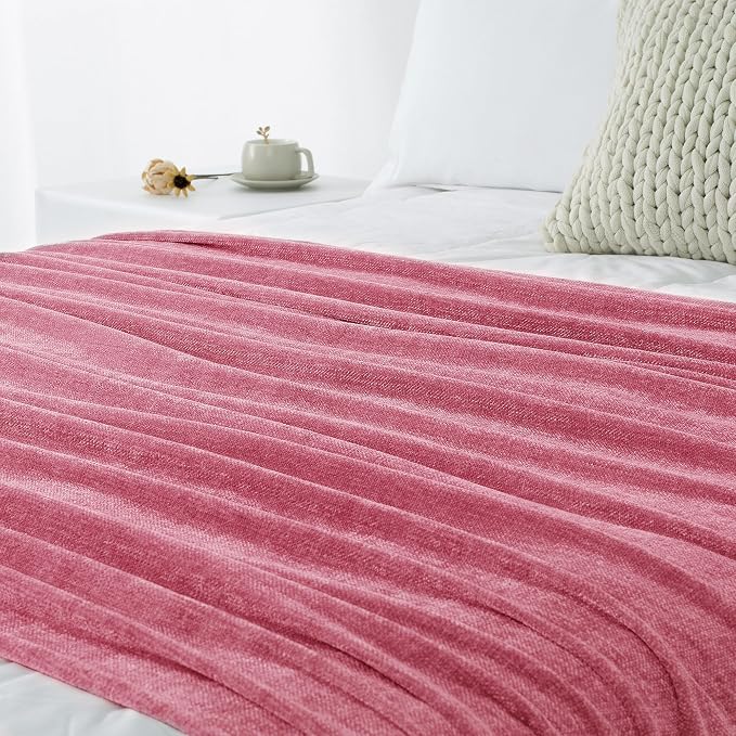 Chenille Throw Blanket for Couch 50" x 60", Rose Pink | Soft Cozy Warm Throws with Fringe Tassel, for Living Room Bed Sofa Chair Cover, Lightweight Knitted Decorative Boho Blankets