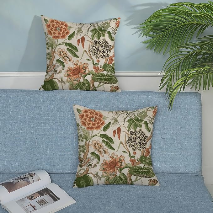 Orange Sage Green Pillow Covers 18x18 Inch Set of 2 Vintage Orange Floral Throw Pillows Chinoiserie Flower Decorative Pillow Case Outdoor Linen Farmhouse Cushion Cover for Couch Sofa Decorations