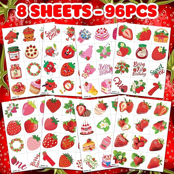 96PCS Strawberry Berry Pre-Cut Temporary Tattoos for Kids | Super Cute 1st Themed Birthday Party Favors, Supplies, Decorations, Funny Fake Tattoo Stickers (Multiple)